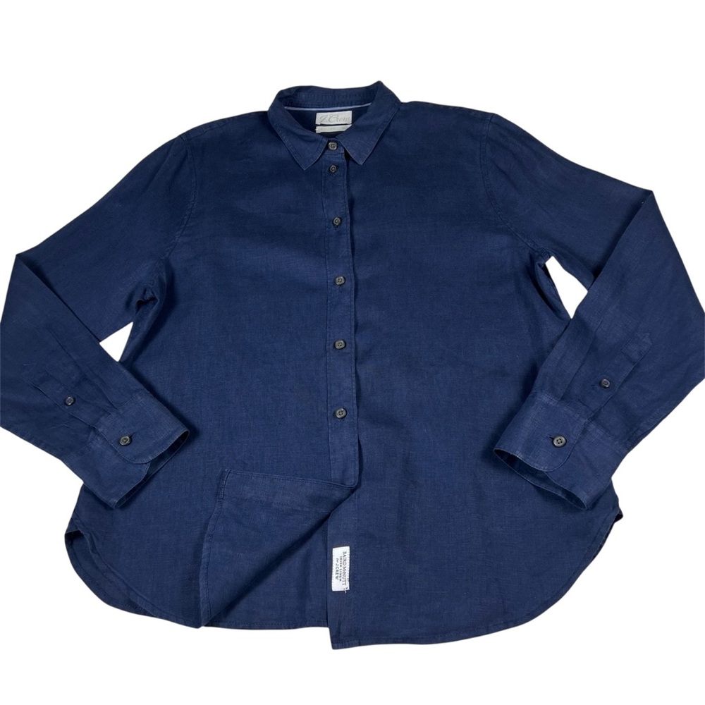 J. Crew Baird McNutt Irish Linen Navy Blue Button Down Blouse Size 14 Slim EUC - Picture 4 of 9